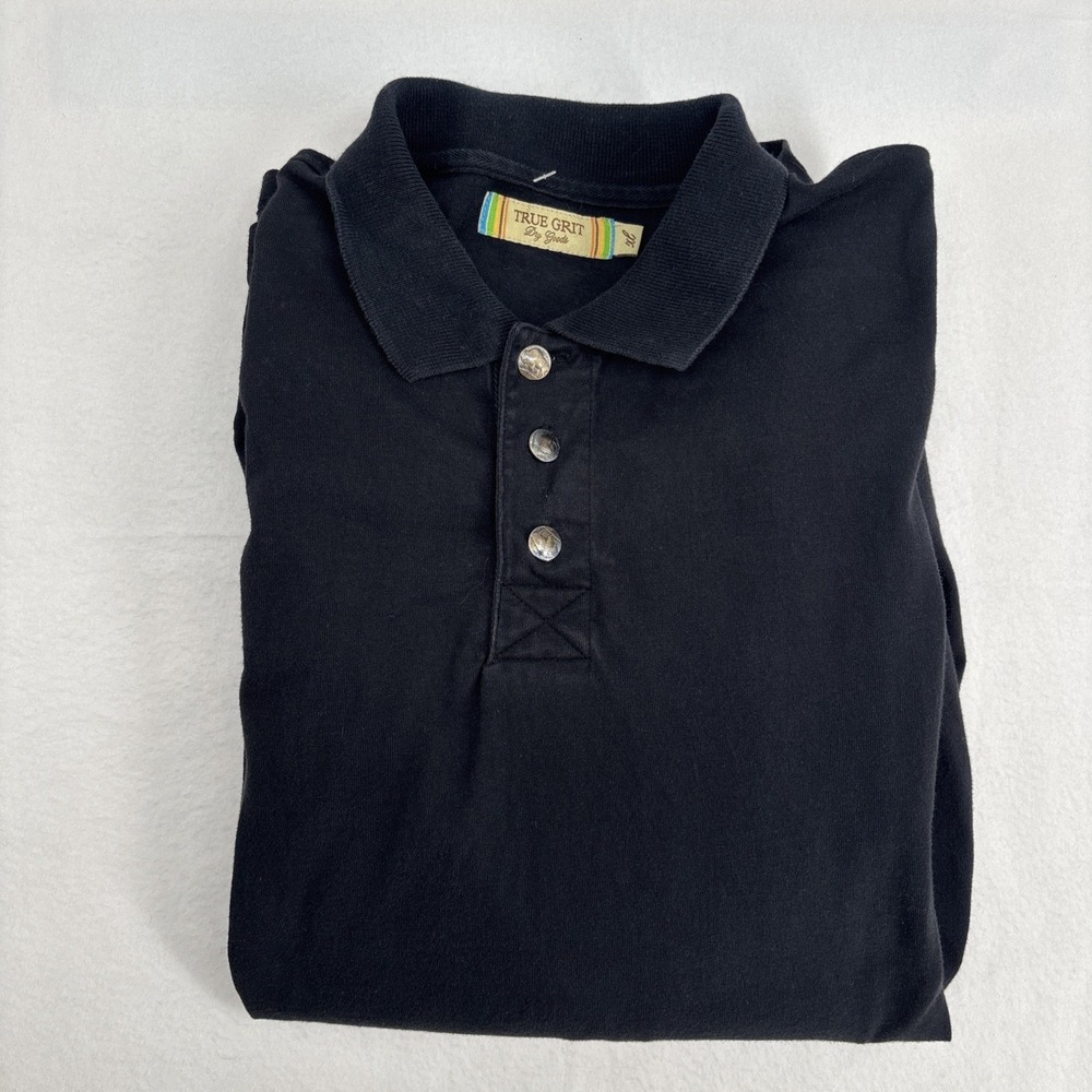 True Grit Buffalo Nickel Polo Shirt XL Long Sleeve Black Made in USA Cotton